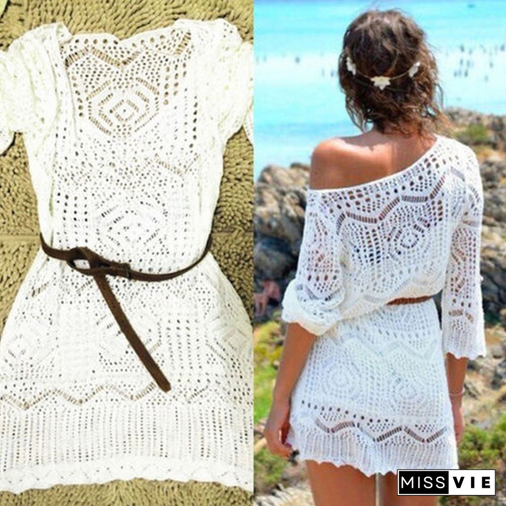 Womens White Summer Boho Lace Hollow Knit Bikini Swimwear Cover up Crochet Beach Mini Dress Tops Blouse