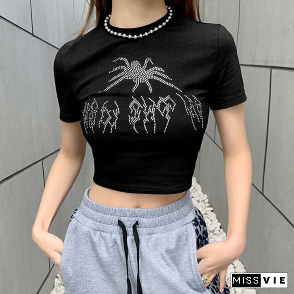 Summer Top Women Punk Vintage Rhinestone Spider Graphic Black Gothic Clothes O-Neck Short-Sleeve Crop Top Harajuku Cropped Tops