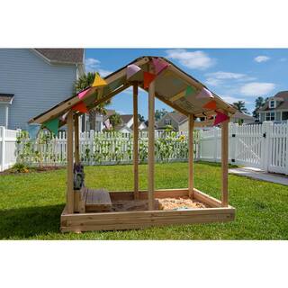 Funphix Dig n' Play Outdoor Wooden Sandbox Playhouse with Bench and Flower Planter Sand Pit for Kids WPHX-2204