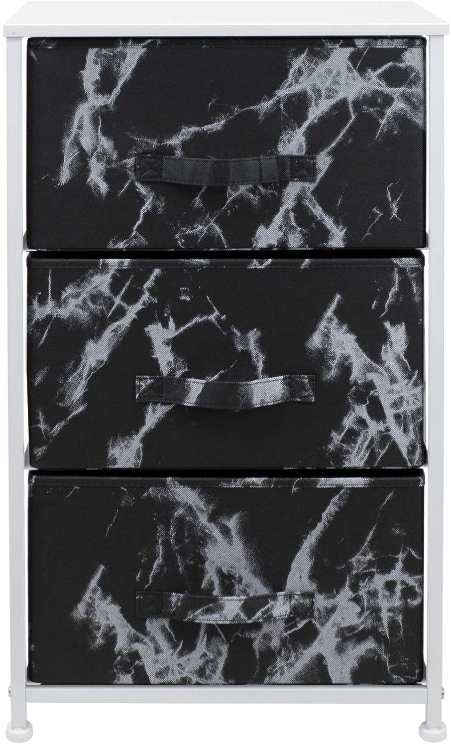 3 Drawer Nightstand Chest End-Table Dresser - White Frame Black Marble