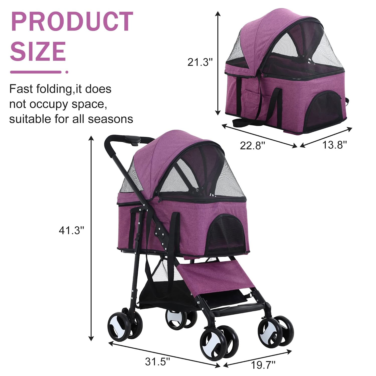 YRLLENSDAN 4 Wheels Pet Strollers for Small Dogs Jogging Stroller， Lightweight Foldable Dog Stroller for Medium Large Dogs 3-in-1 Multifunction Cat Stroller w/Detachable Carrier and Storage Basket