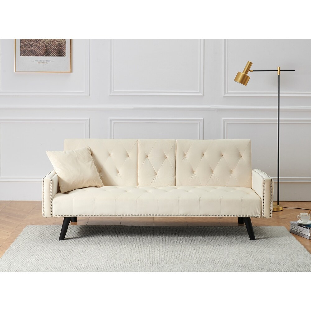 Modern Tufted Back Sofa Velvet Sleeper Sofa Bed Livingroom Adjustable Back Sofa Bed with Nail Head Trim   2 Cup Holders