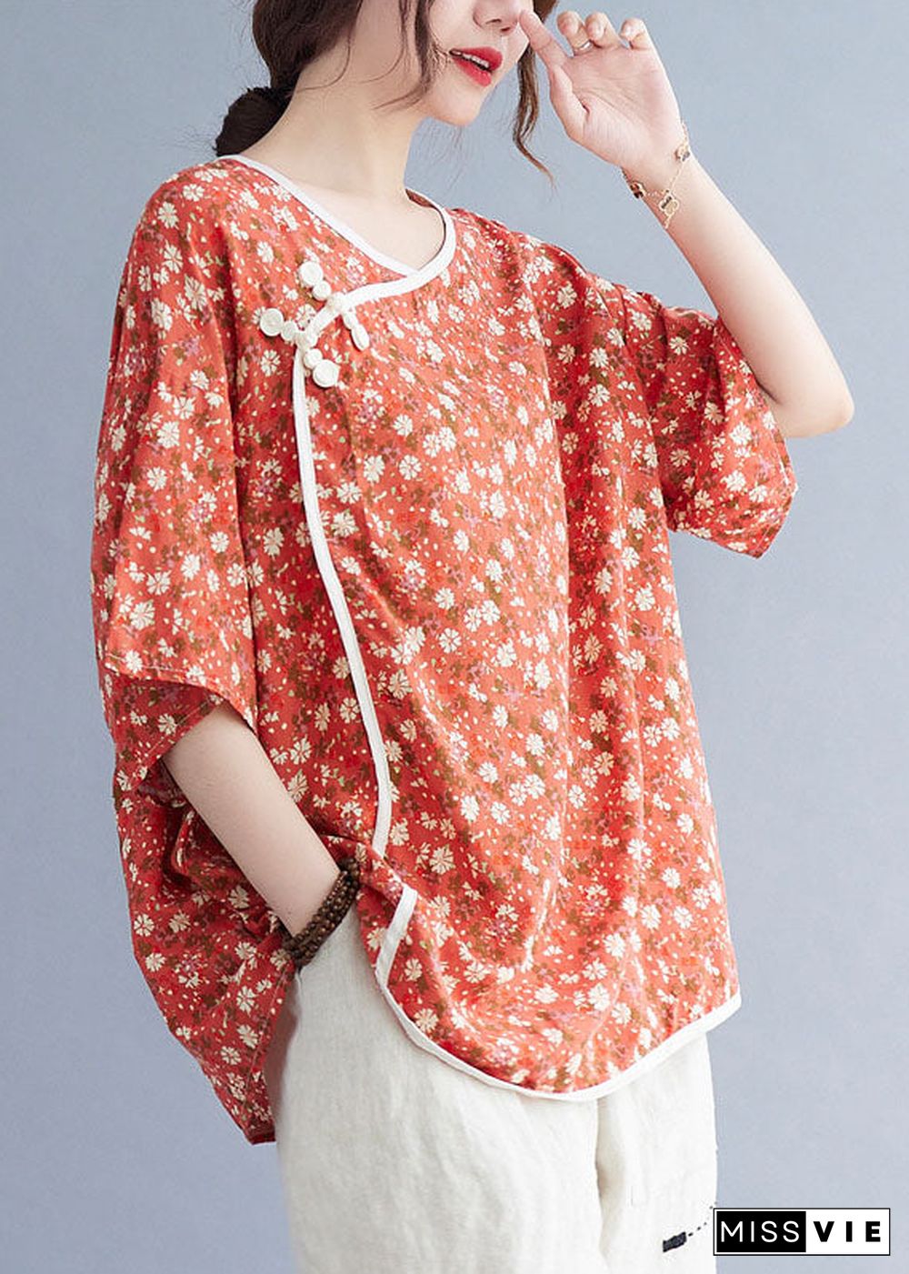 Stylish Orange retro Print Loose Fall Shirt Half Sleeve Top