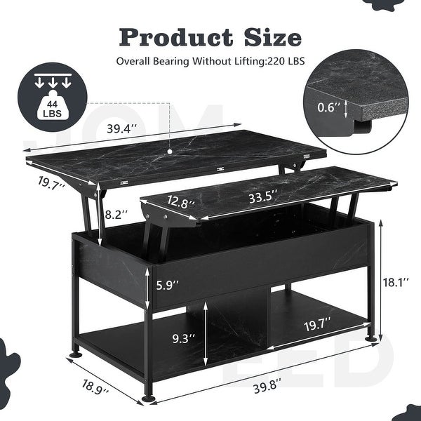 3 in 1 Lift Top Coffee Table， Large Coffee Table with Storage for Living Room， Marble Pattern Modern Lift Tabletop - as picture