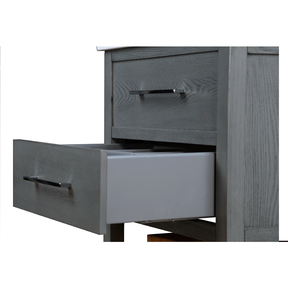 Priva 31 in. W x 22 in. D Vanity in Greywood with Single Hole Ceramic Top in White and Mirror   Grey