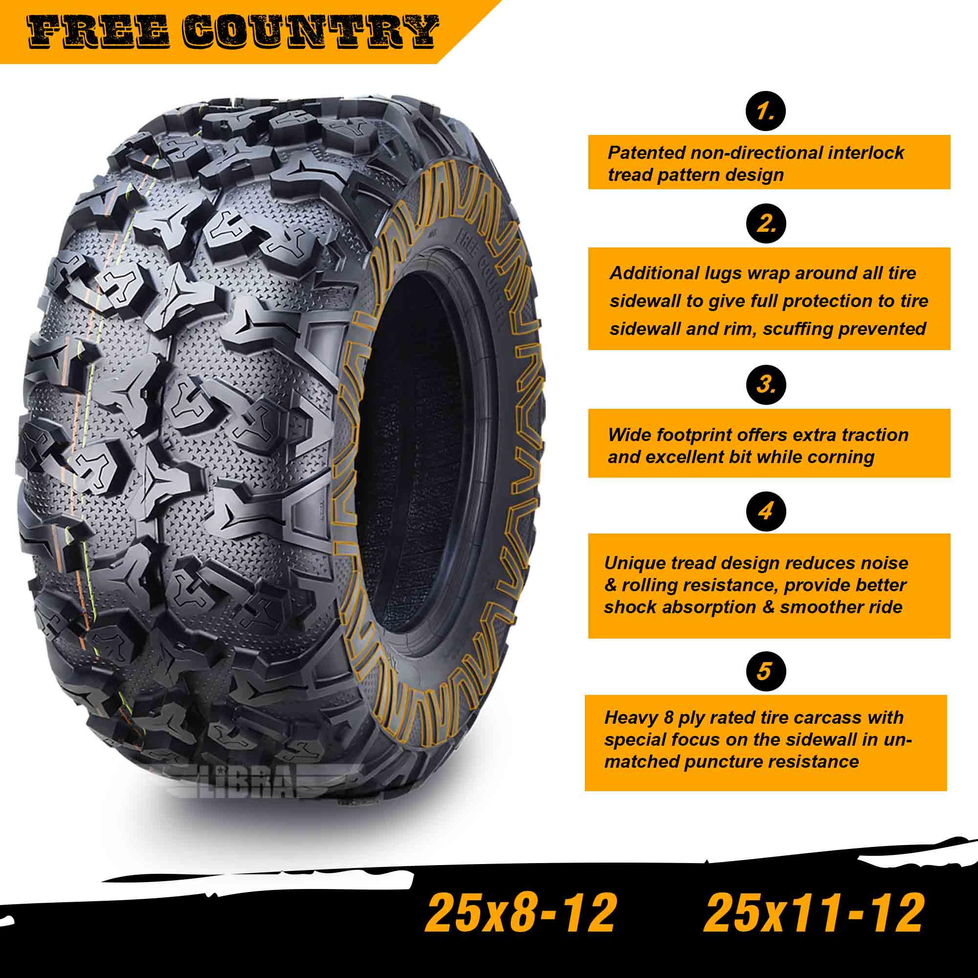 FREE COUNTRY 8PR Premium ATV Tires 25x8-12 and 25x11-12 fit 03-05 Polaris Sportsman 400 ATP 500