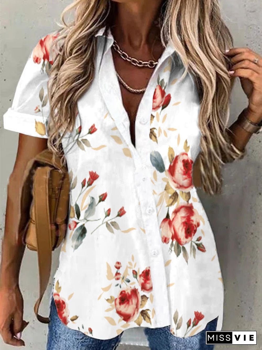 Women Short Sleeve Floral Printed Shirt Collar Tops