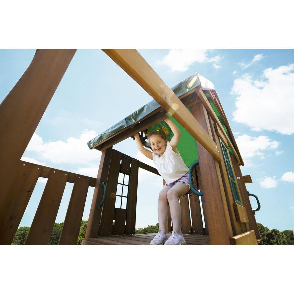 Swing-N-Slide Playsets Castlebrook Ready-To-Assemble Wooden Outdoor Playset with 2 Slides Rock Wall Swings and Swing Set Accessories WS 8355