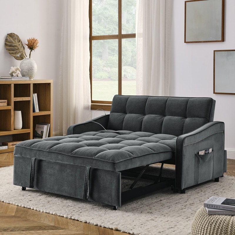 Pull out Bed Loveseats Sofa Bed with Adjsutable Back  Two Arm Pocket  TypeC and USB Charging  Grey