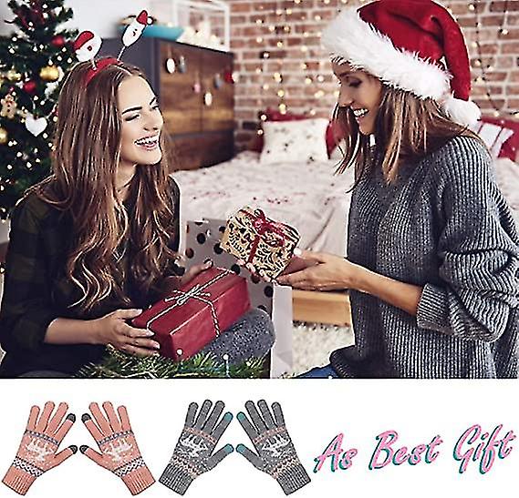 Womens Touch Screen Gloves Stretch Knitted Warm Mitten Winter Thermal Ladies Gloves Smartphones Texting Gloves One Size (pink And Grey)2pcs