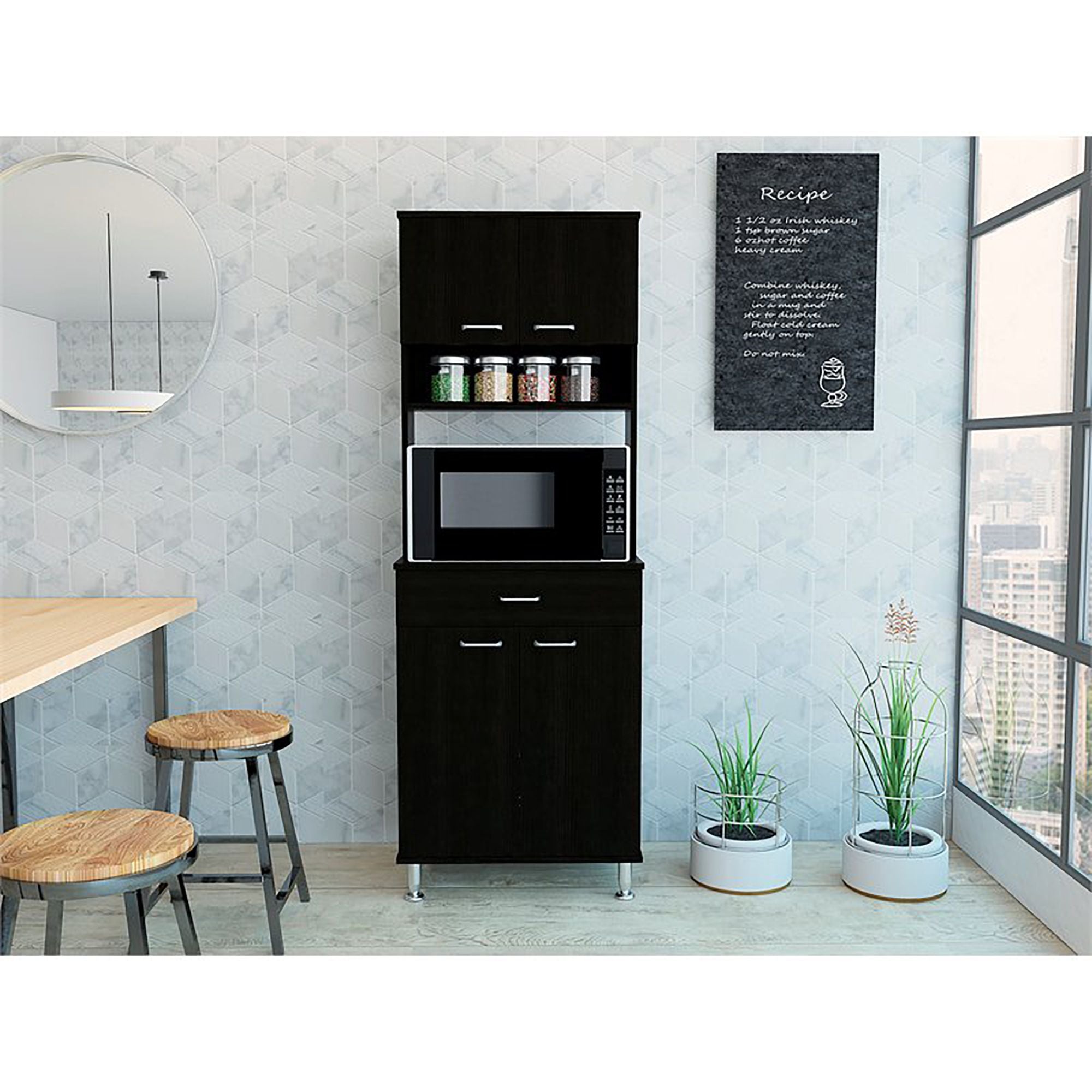 TUHOME a 60 Pantry， Three Shelves， One Drawer， Countertop， Four Legs， Two Double Door Cabinets -White， For Kitchen Room