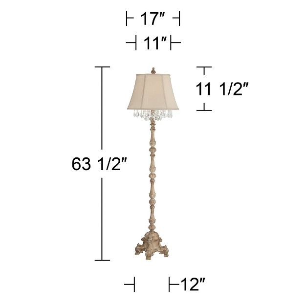 Tall Distressed Faux Wood Candlestick Crystal Glass Beading Cream Bell Shade For Living Room