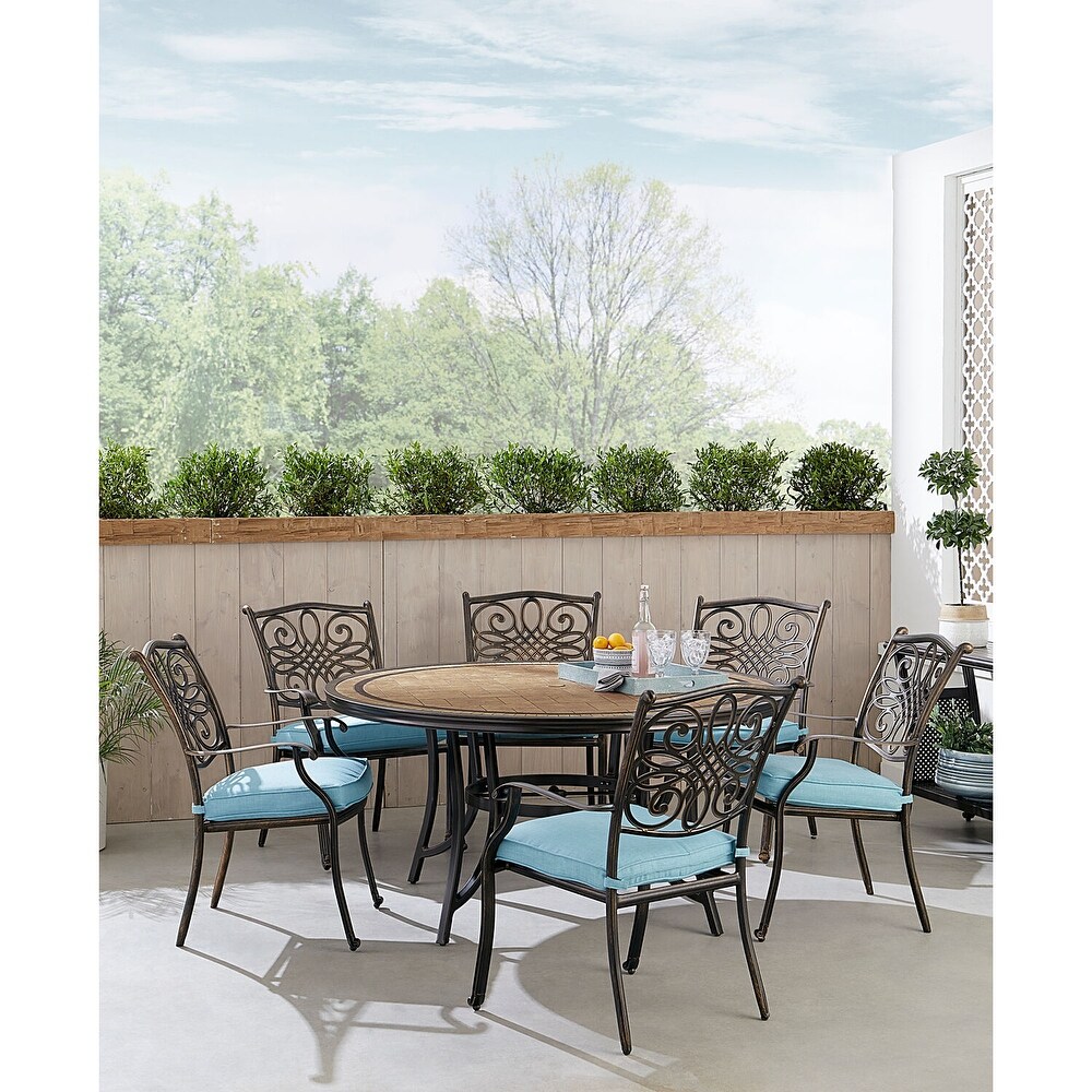 Hanover Monaco 7 Piece Dining Set in Blue with Six Dining Chairs and a 60 in. Tile Top Table