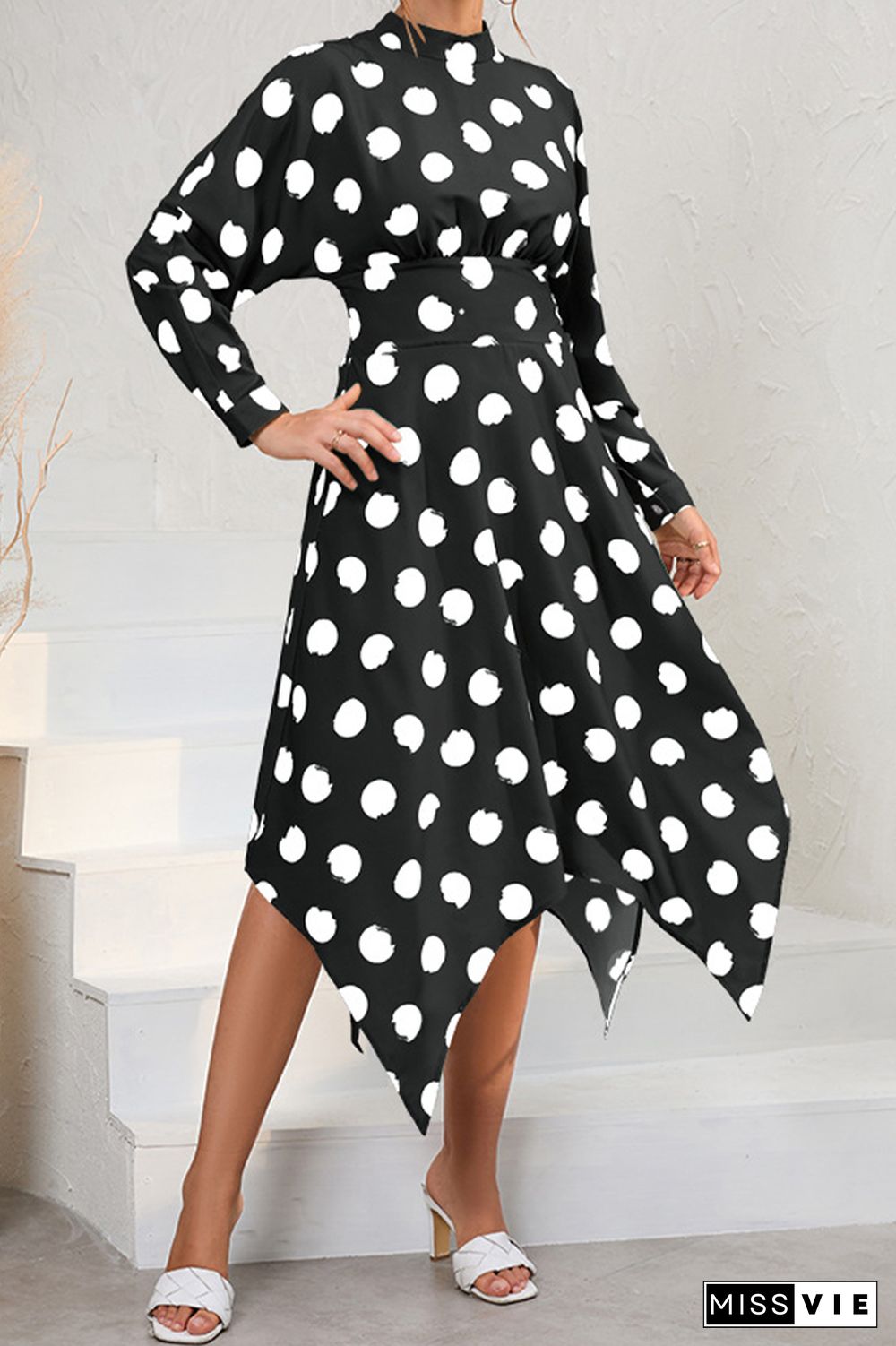 Long Sleeve High Waist Polka Dot Dress