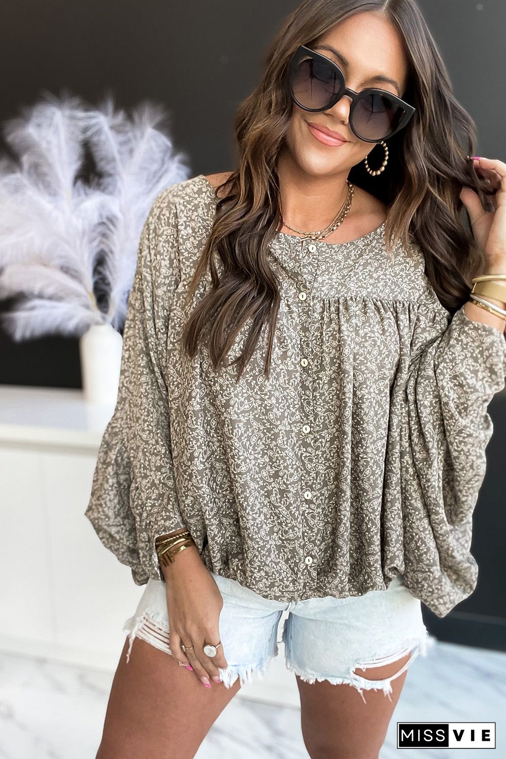 Floral Print Kimono Sleeve Ruched Blouse