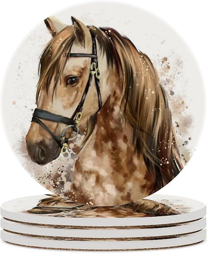 4pcs Round Horse Head Ceramic Coasters With Cork-backed For Coffee Drink Cup Mat Absorbent Stone Coasters