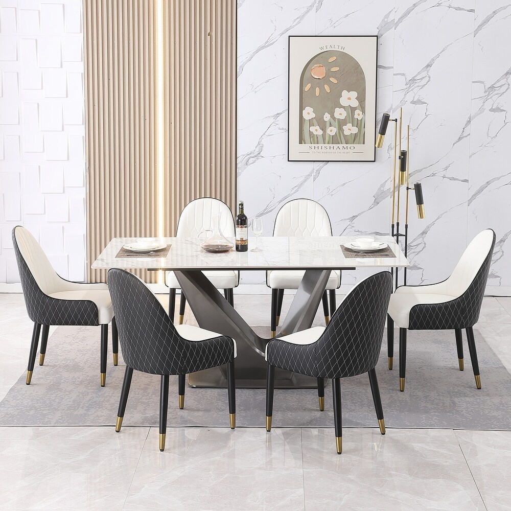 71inch Contemporary Dining Table Sintered Stone V shape Pedestal Base in Gold finish with 6 pcs Chairs .