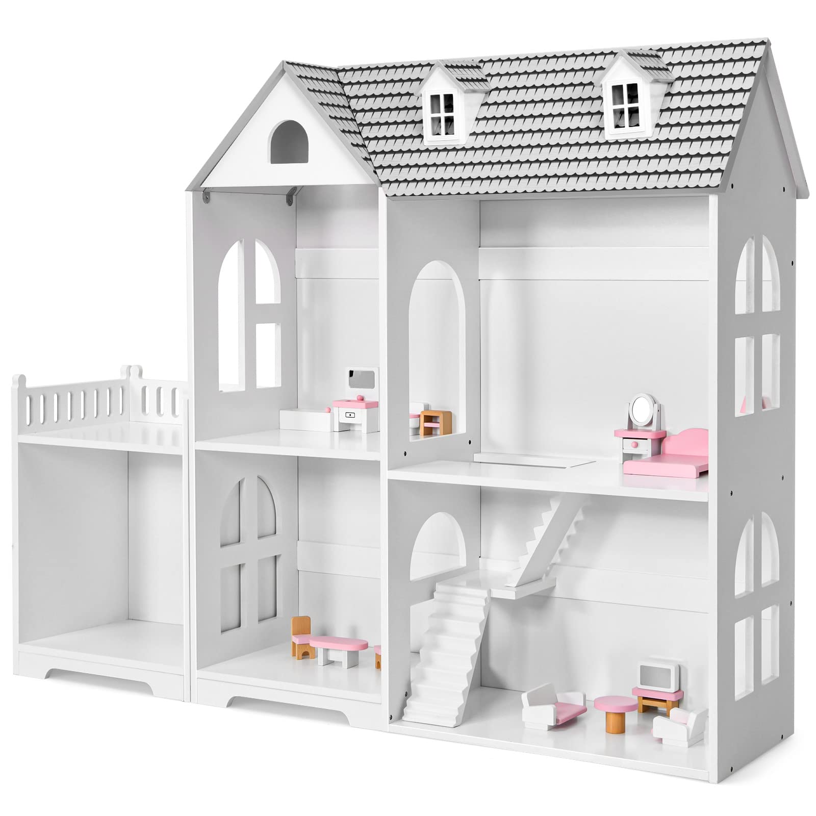 Kids Wooden Dollhouse, 2-in-1 Cottage Dollhouse Bookcase