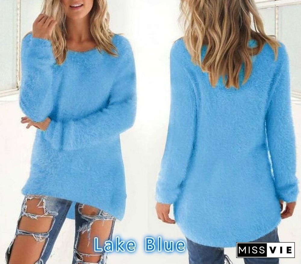 New Autumn and Winter Solid Color Warm Pullover Tops Women Long Sleeve Knitted Sweaters Plus Size