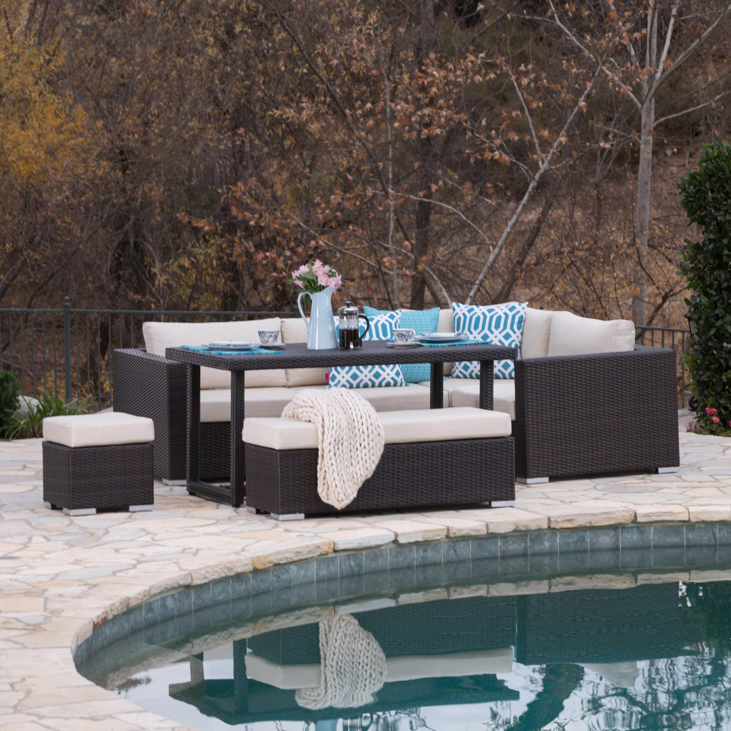 Santa Maria Outdoor 7 Seat Dining Sofa Set with Aluminum Frame and Water Resistant Cushions