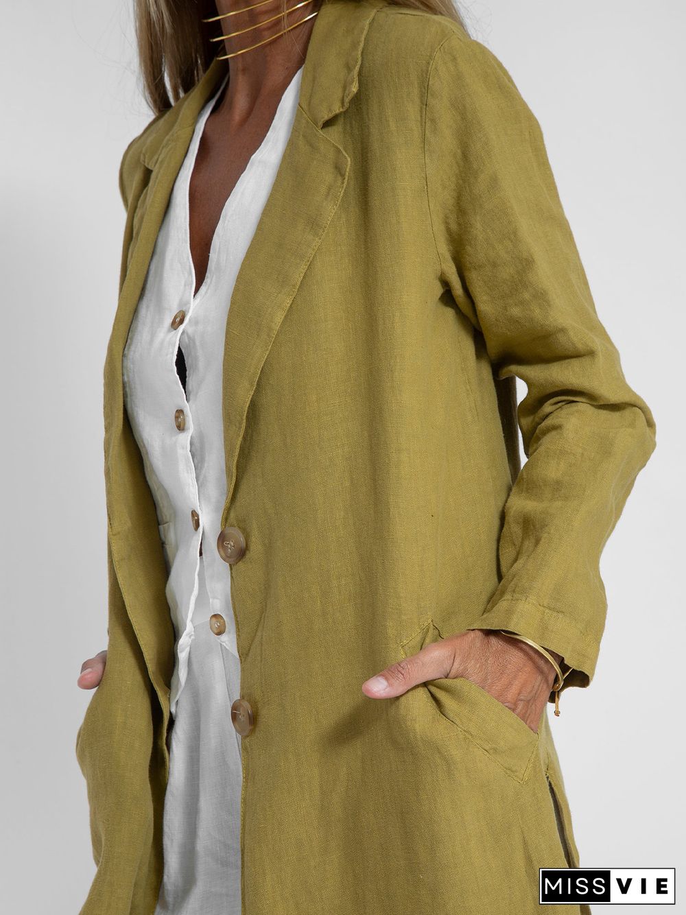 Cotton Lapel Neck and Pocket Long Jacket