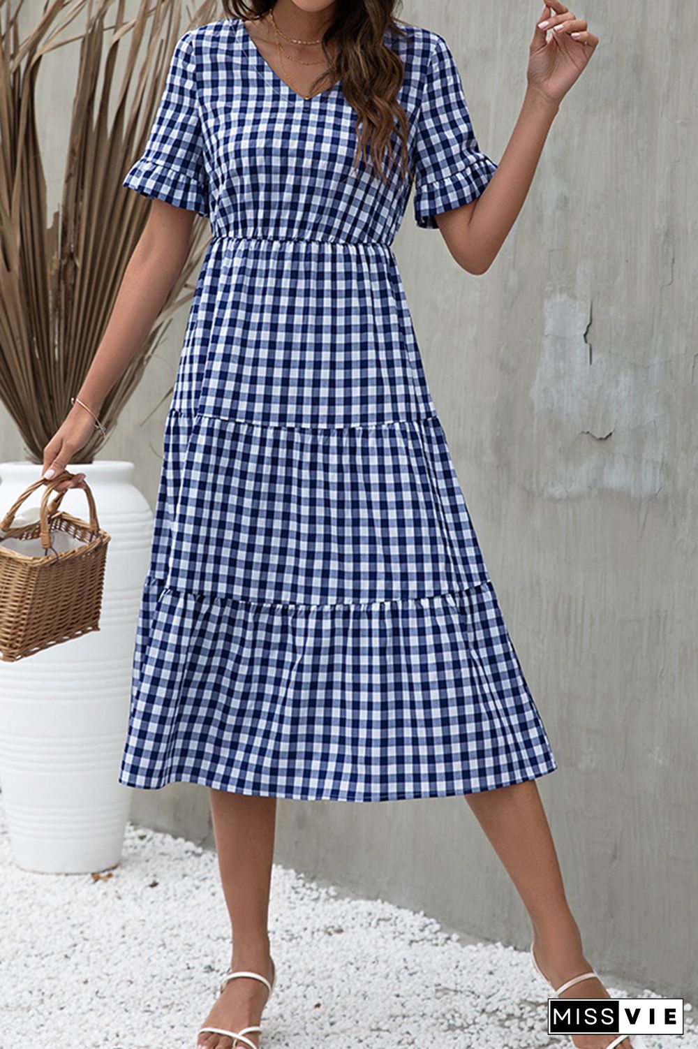 Plaid Print Short Sleeve Midi Dress Wholesale