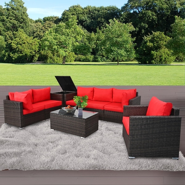 8Pieces Brown Wicker Outdoor Sectional Set with Glass Coffee Table