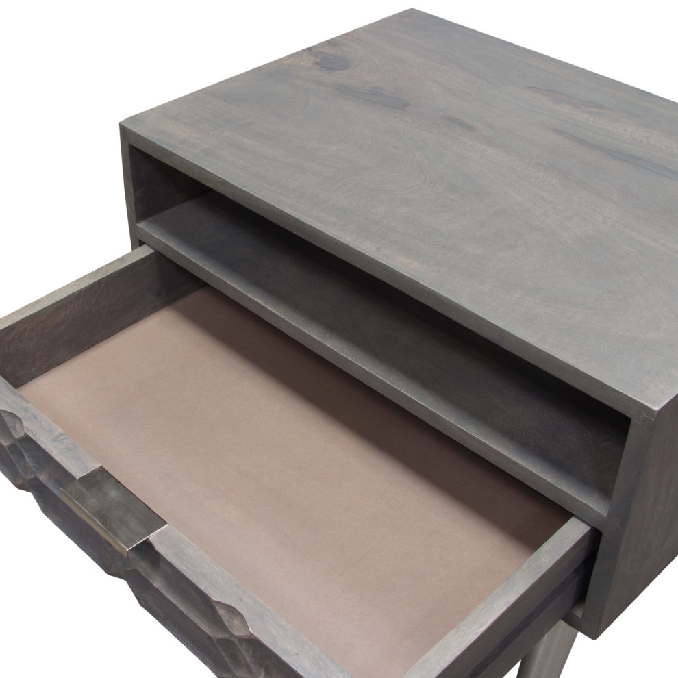 Petra Solid Mango Wood 1 Drawer Accent Table  Smoke Gray Finish With Nickel Legs   Midcentury   Side Tables And End Tables   by VirVentures  Houzz