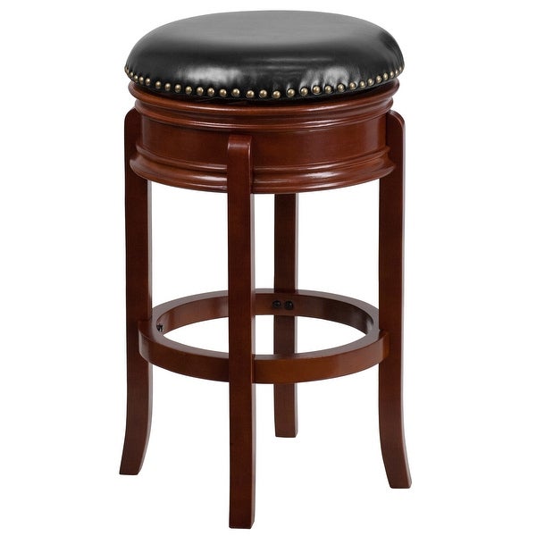 Carol 29'' High Backless Cappuccino Wood Barstool with Carved Apron and Black LeatherSoft Swivel Seat