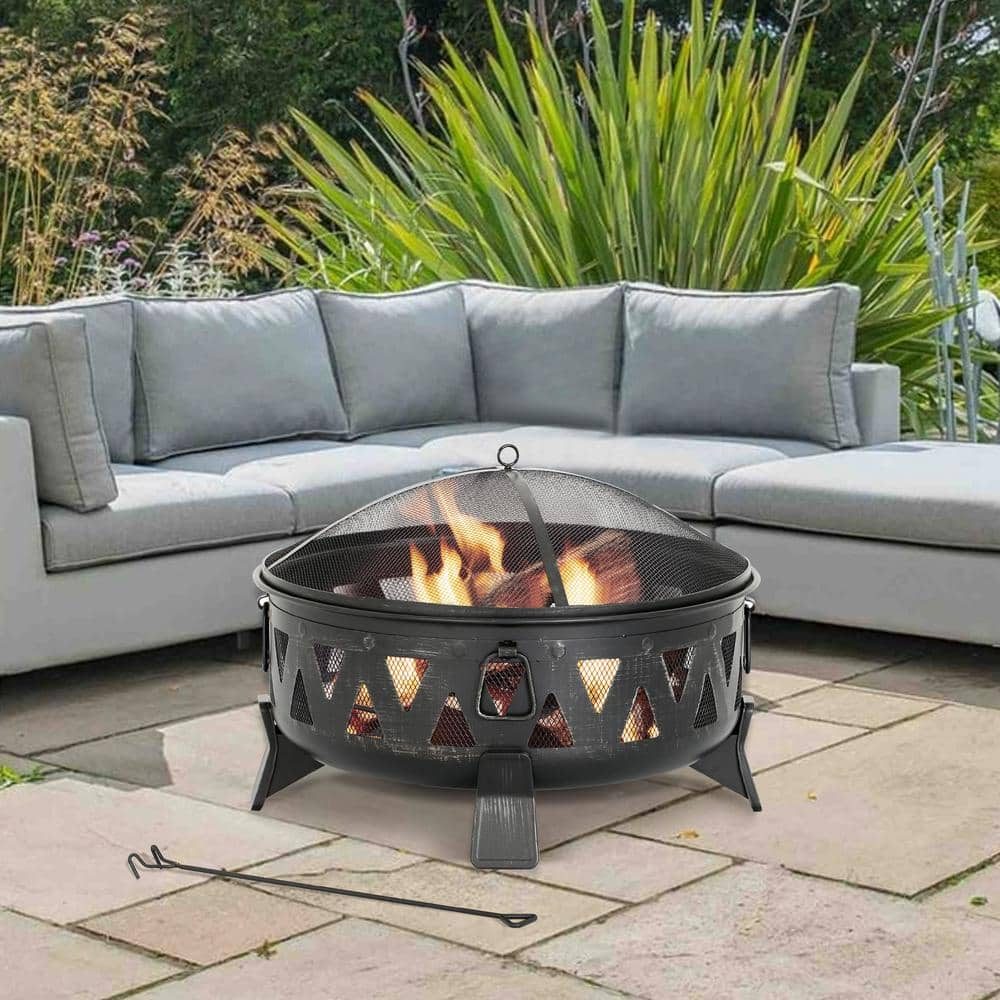 HeatMaxx 29.9 in. Outdoor Wood Burning Fire Pit Round Deep Bowl Fire Pit with Spark Screen Cover and Poker for Backyard Garden SRFP11354