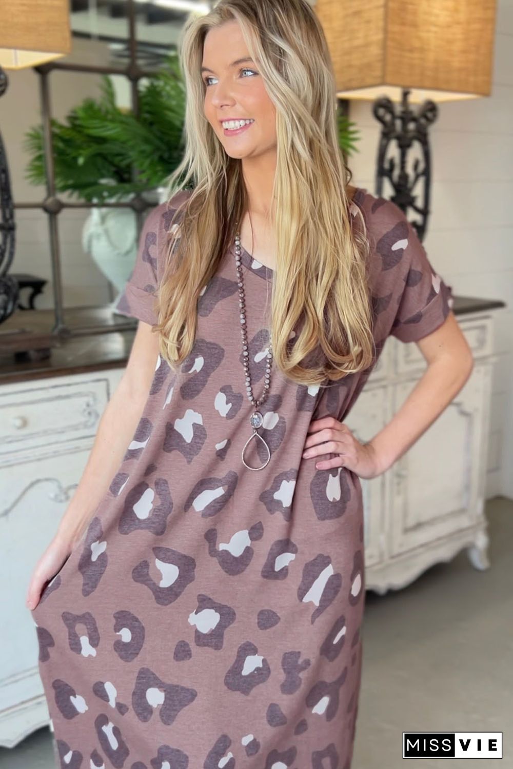 Leopard Print V Neck Long T-shirt Dress