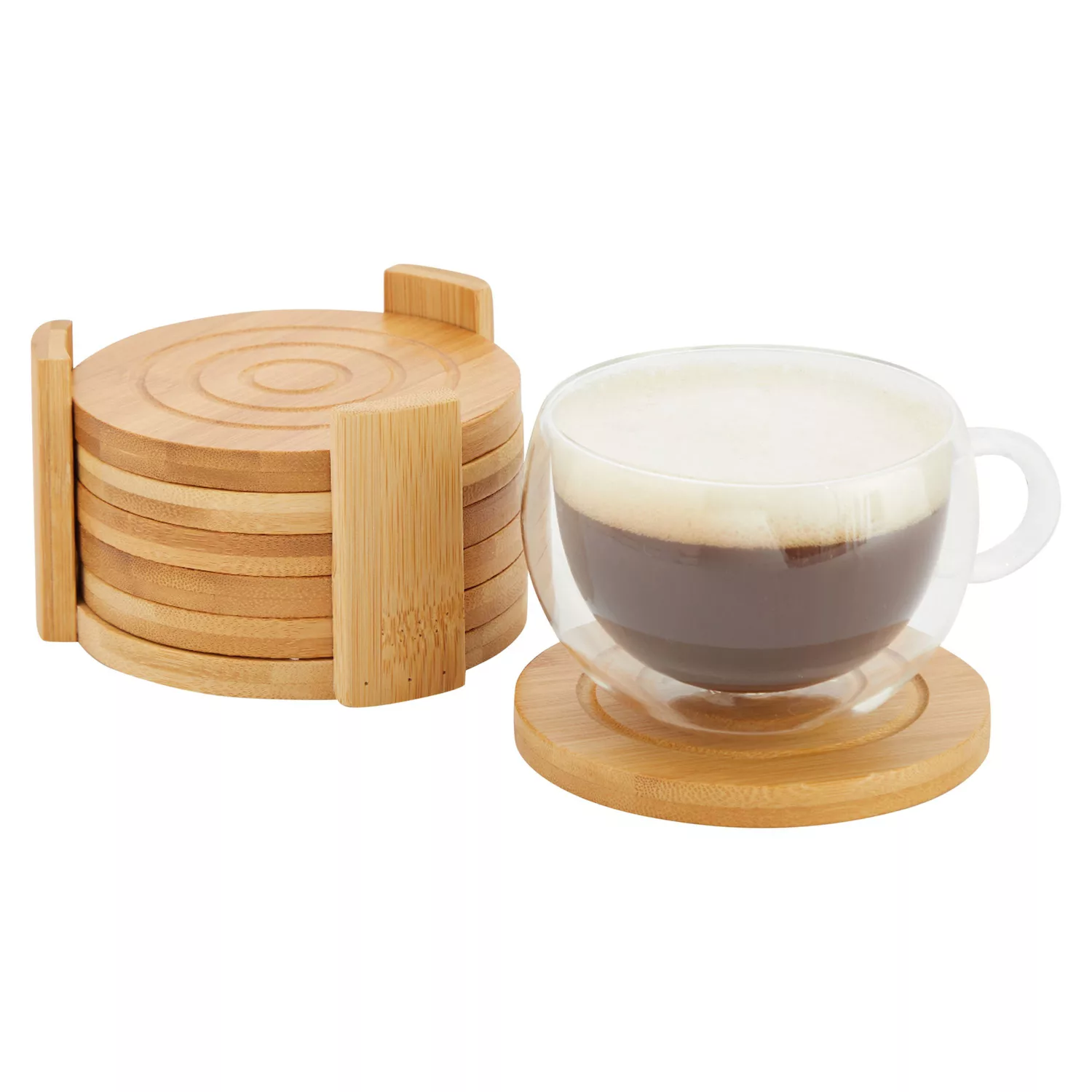 Set of 6  Wood Coasters with Holder for Coffee Table， Hot Drinks， Housewarming Gifts (4.3 Inches)