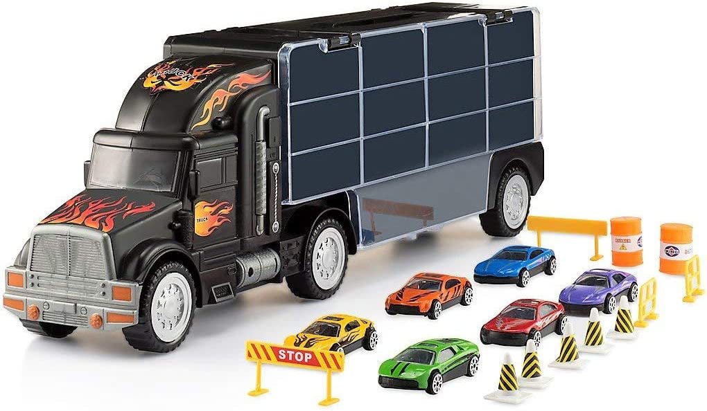 Toy Truck Transport Car Carrier - Toy Truck Includes 6 Toy Cars and Accessories - Toy Trucks Fits 28 Toy Car Slots - Great Car Toys Gift For Boys and Girls - Original By Play22USA