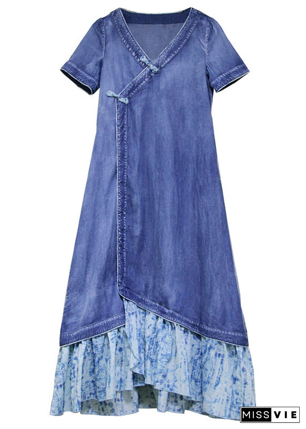 Boutique Blue V Neck Patchwork Cotton Denim Dress Short Sleeve