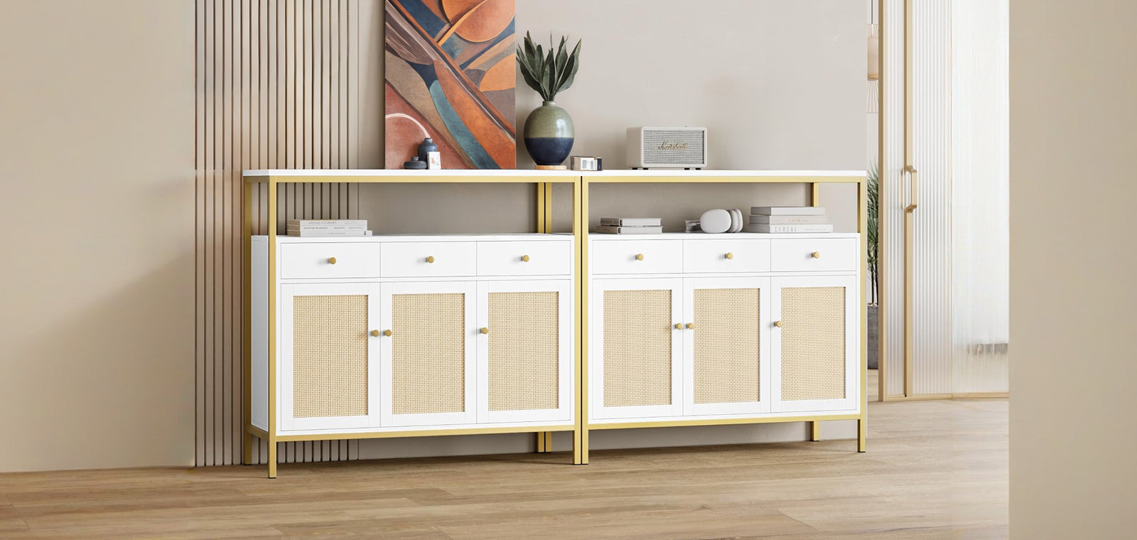 43.3 Inch White Rattan Kitchen Cabinet Dining Sideboard, Buffet Cabinet with Storage