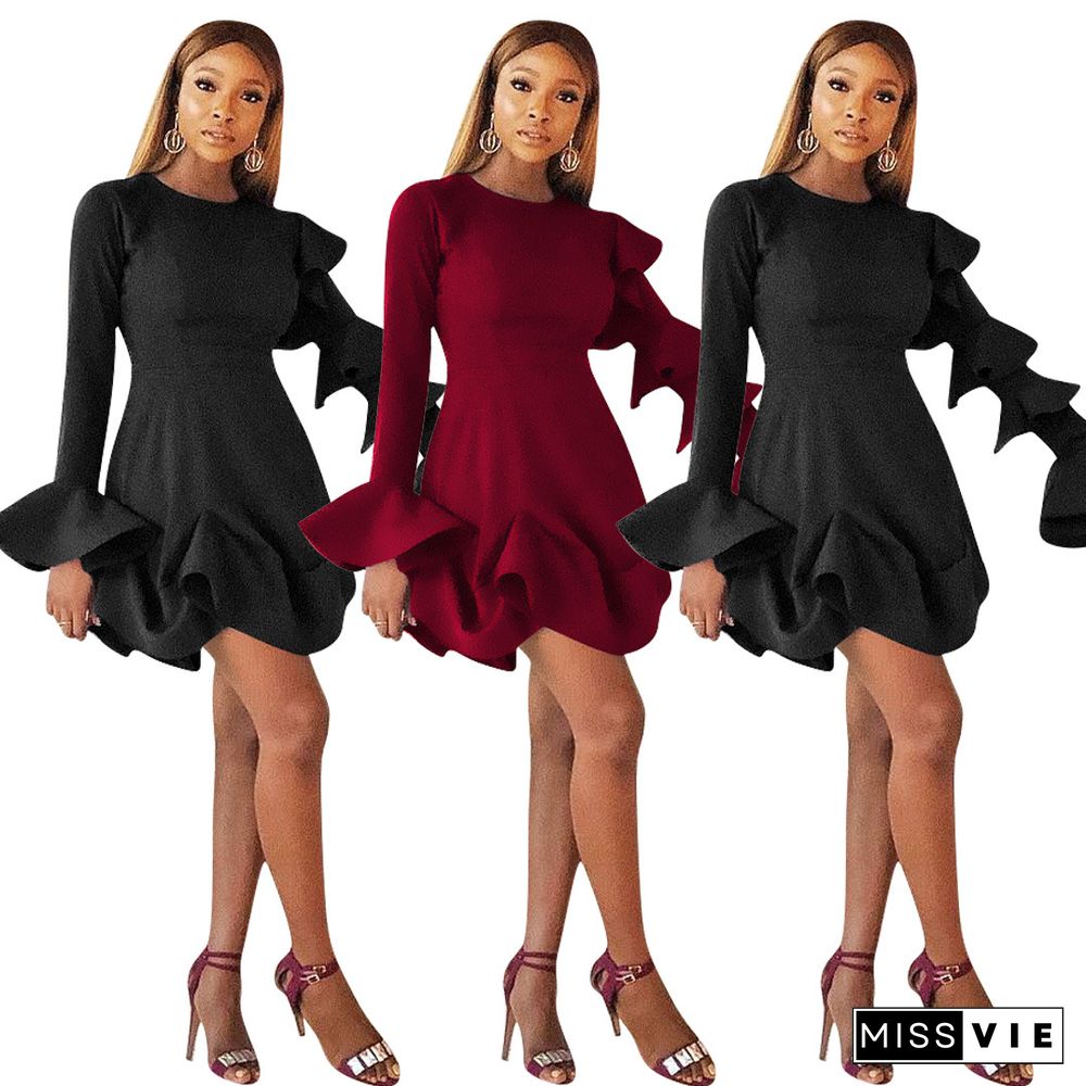 Ruffle Long Sleeve O Neck Slim Wrap Party Dress