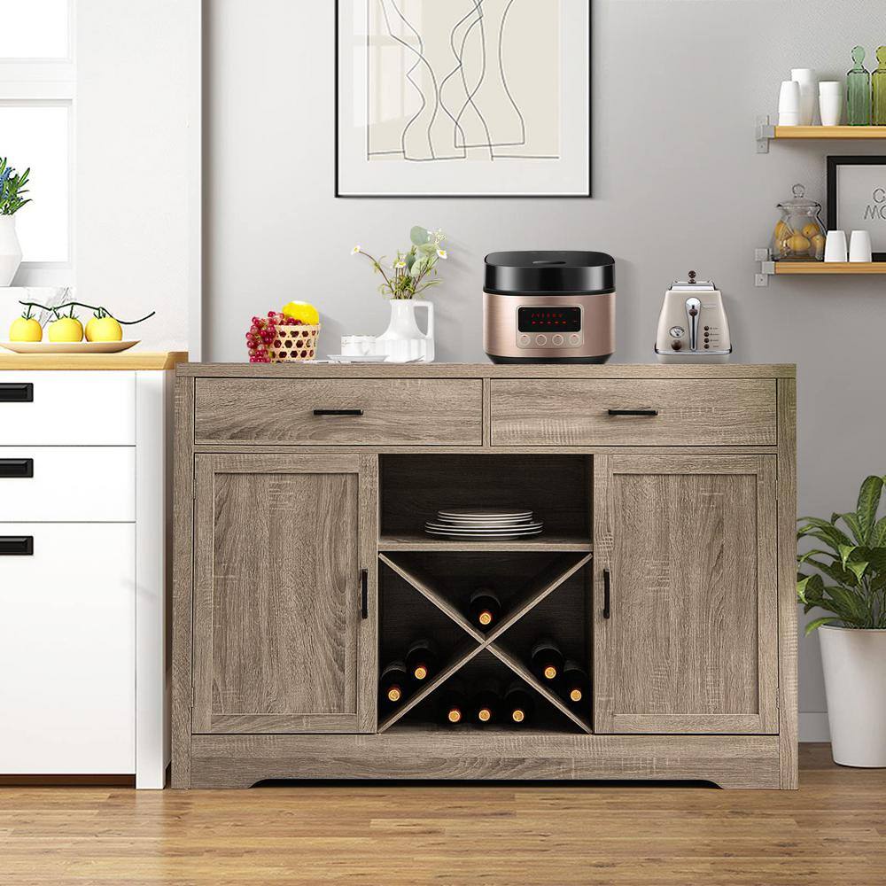 Bunpeony Grey Wooden Sideboard Buffet 52 in. Kitchen Island Kitchen Storage Cabinet with Detachable Wine Rack ZY1K0090