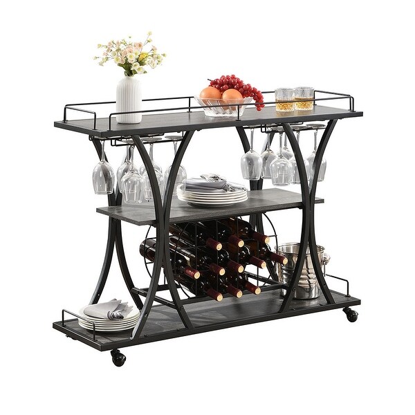 3-Tier Industrial Style Bar Cart with Wheels and Bottle Rack