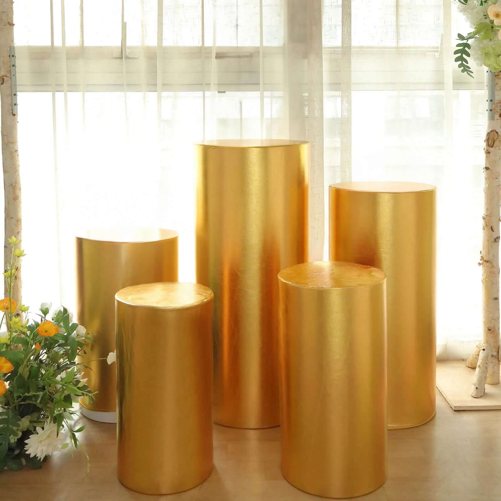 Set of 5 Metallic Gold Spandex Cylinder Pillar Prop Covers, Shiny Stretchable Pedestal Stand Covers - 130 GSM