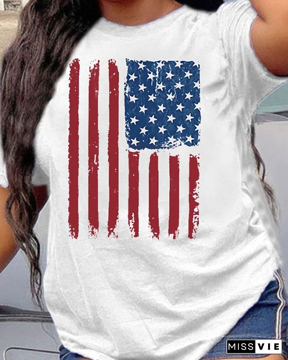 American Flag Print Round Neck Short Sleeve Tee