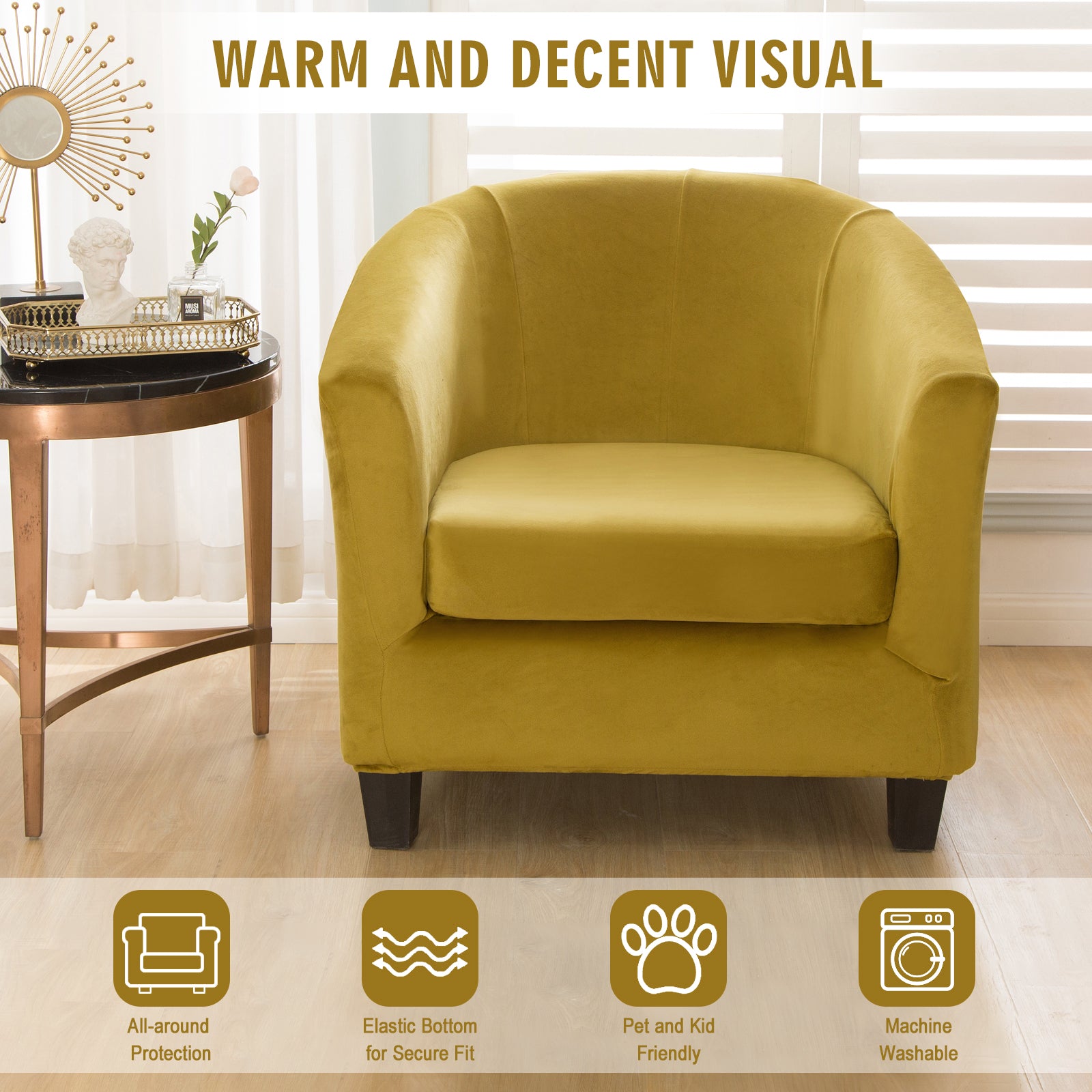 SHANNA Velvet Tub Chair Covers, 2 Pieces Stretch Modern Armchair Slipcovers Non Slip Sofa Couch Slipcover for Club Bar Counter Living Room Reception,With Separate Cushion Cover, Yellow 1 Pack