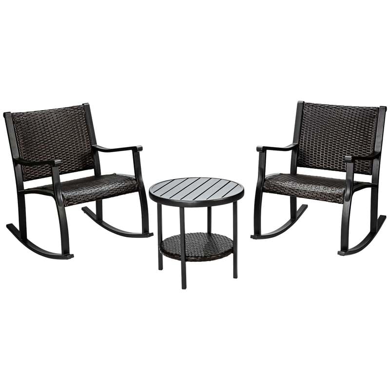 3 Pcs Rattan Patio Rocking Bistro Set with Side Table & Extra Storage Shelf, Outdoor Rocking Chair Furniture Set