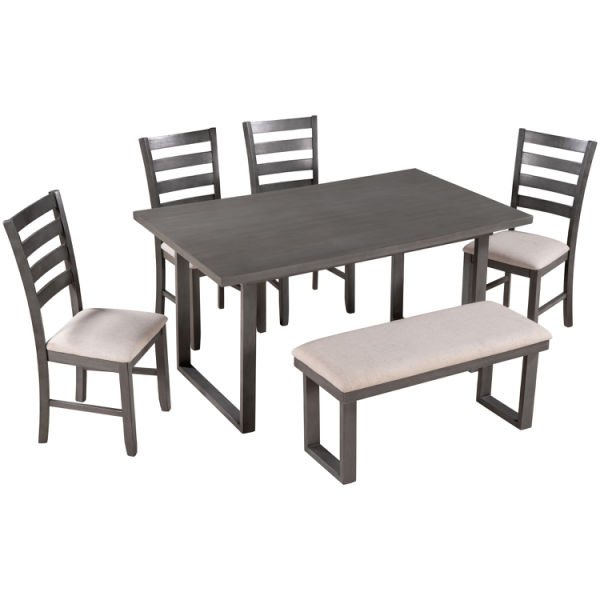 6-Pieces Family Furniture， Solid Wood Dining Room Set with Rectangular Table and 4 Chairs with Bench