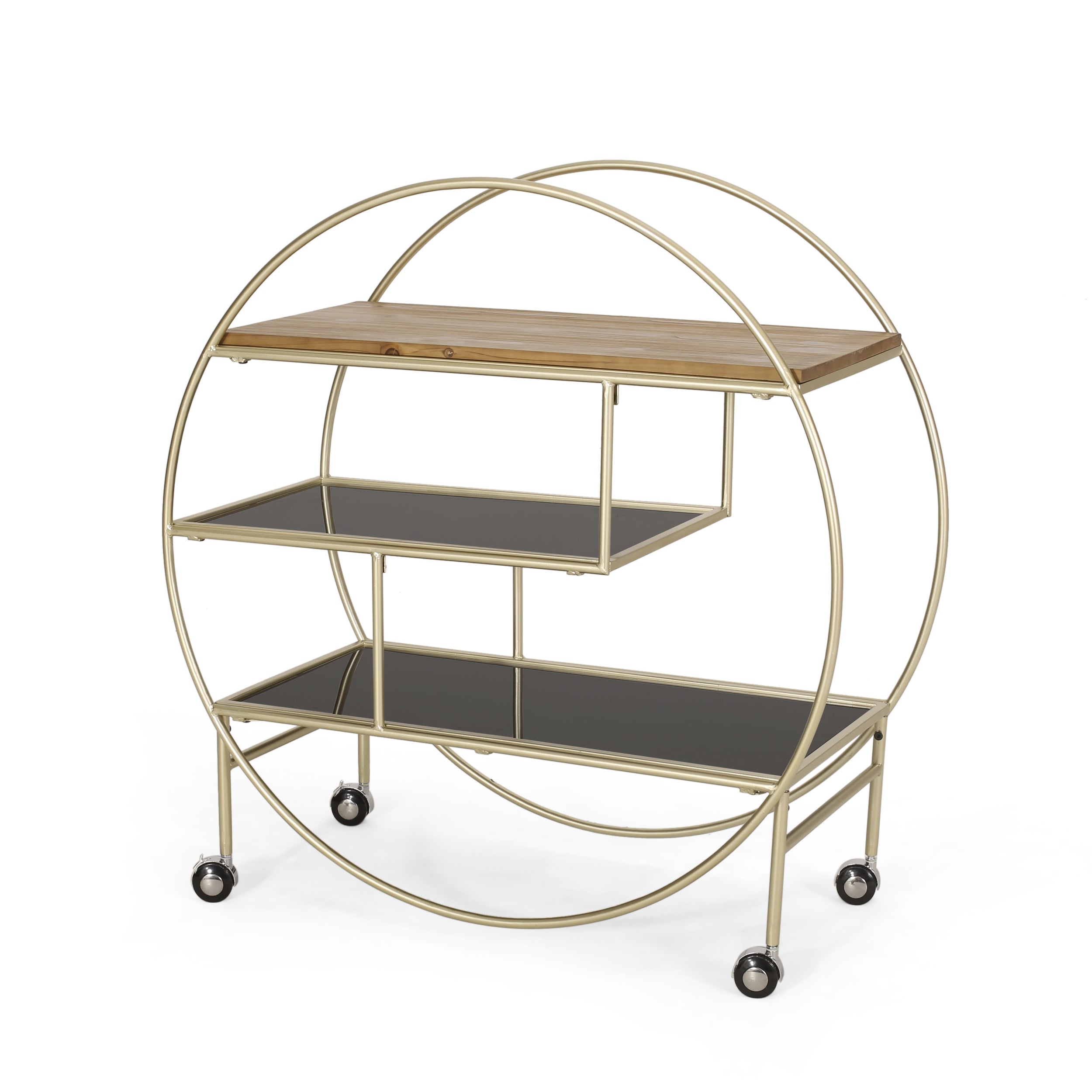 Hazlett Contemporary 3 Shelf Circular Bookcase, Black, Gold, and Antique