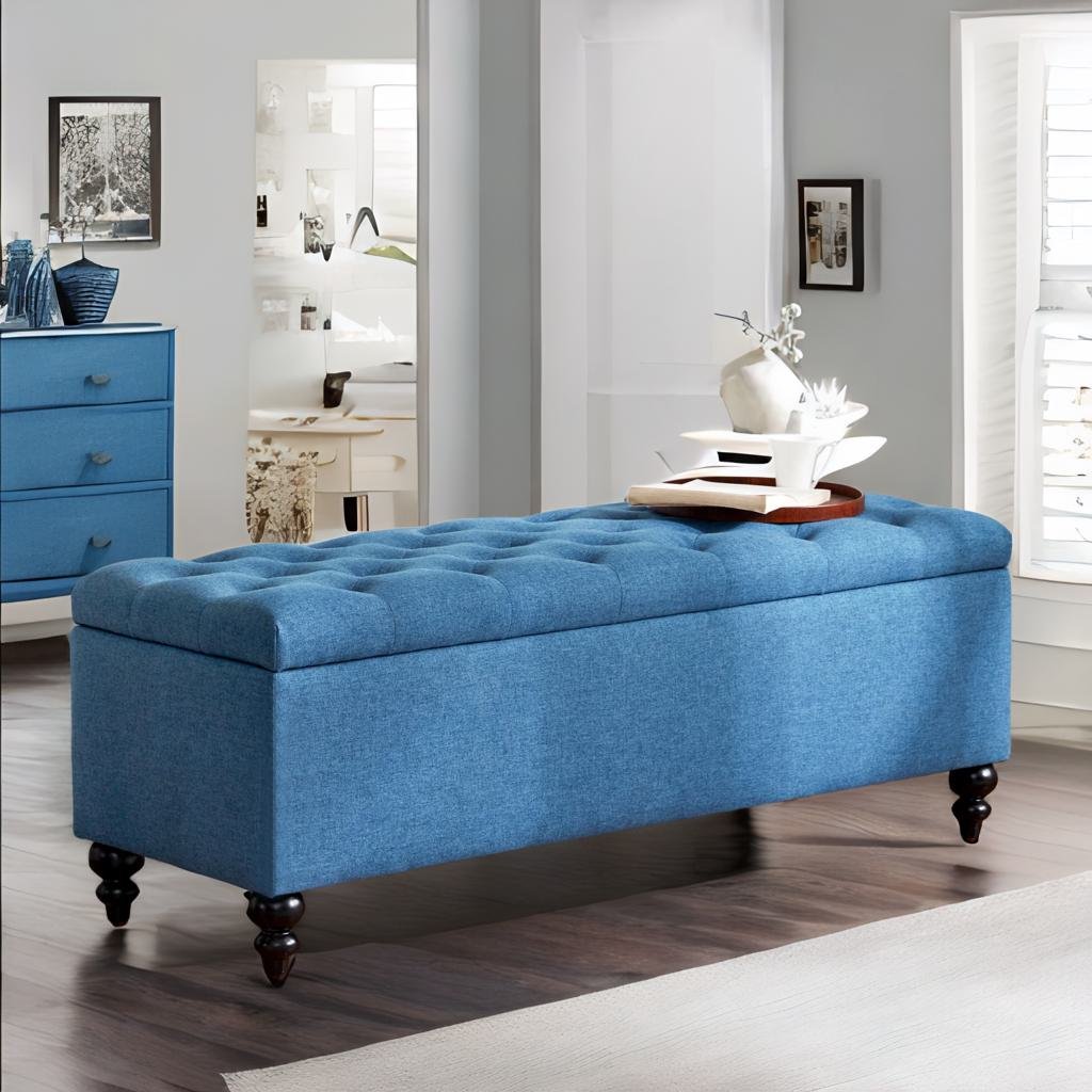 HUIMO Ottoman with Storage, 51-inch Large Storage Bench with Button-Tufted, Bedroom Bench Safety Hinge Ottoman in Upholstered Fabrics for Living Room (Blue)