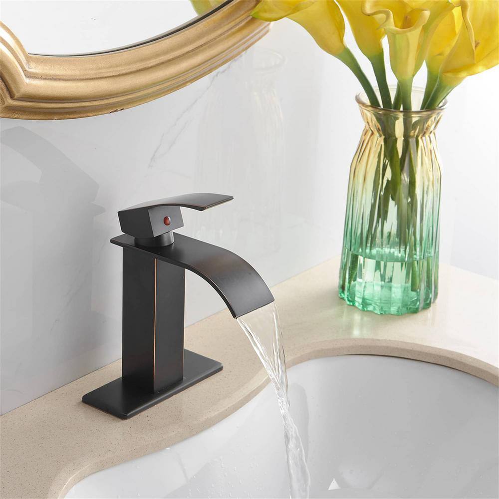 FLG Single Handle Single Hole Waterfall Bathroom Faucet with Pop-up Drain Kit and Deckplate Included in Oil Rubbed Bronze LE-0046-ORB-D