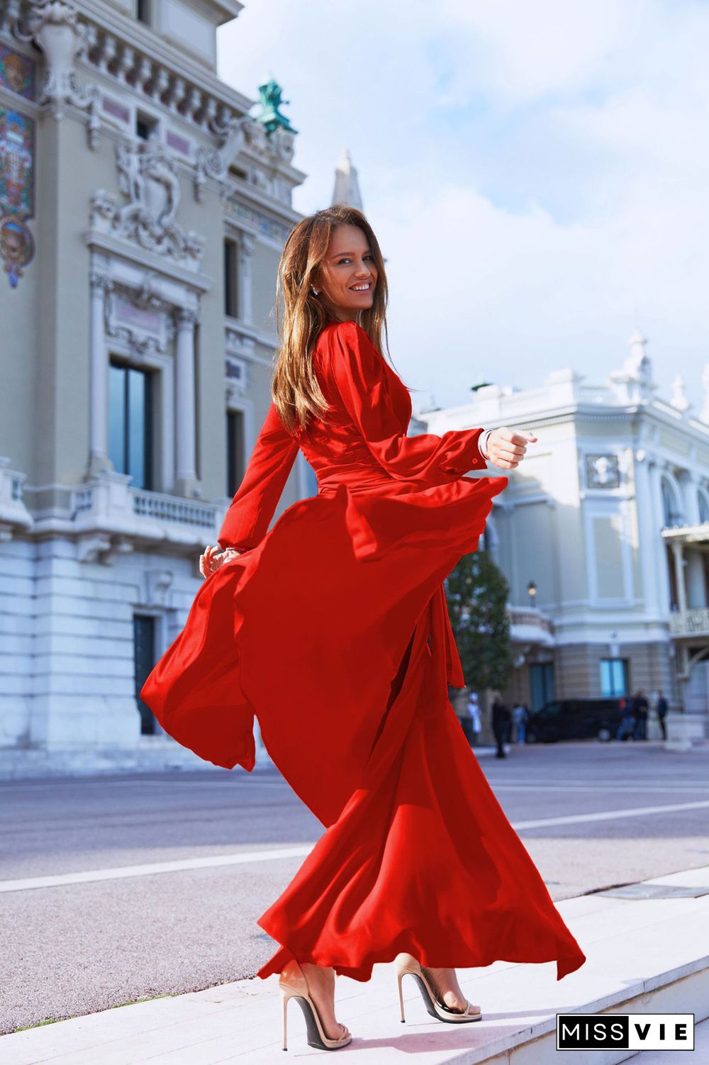 Red Sashes Deep V-neck  Flowy Banquet Party Maxi Dress