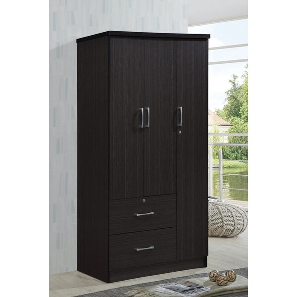 Hodedah Import 3 Door Armoire with Clothing Rod， Shelves， and 2 Drawers， Chocolate - - 37191679