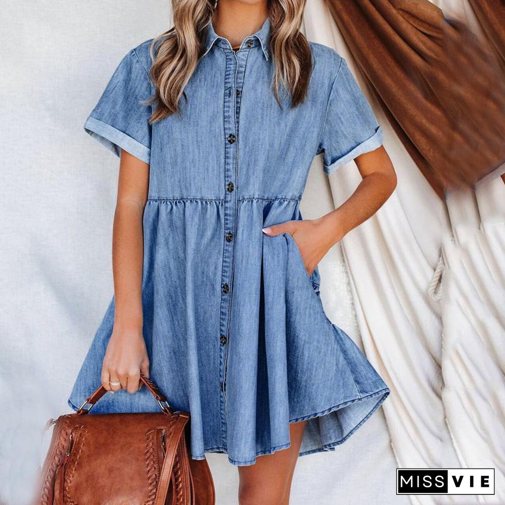 Denim Single-Breasted Shirt Pleated Dress