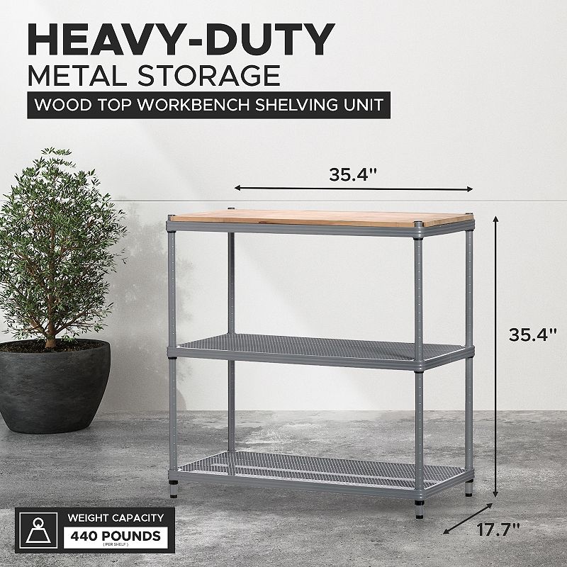 Design Ideas Meshworks Metal Storage Wood Top Workbench Shelving Unit， Silver